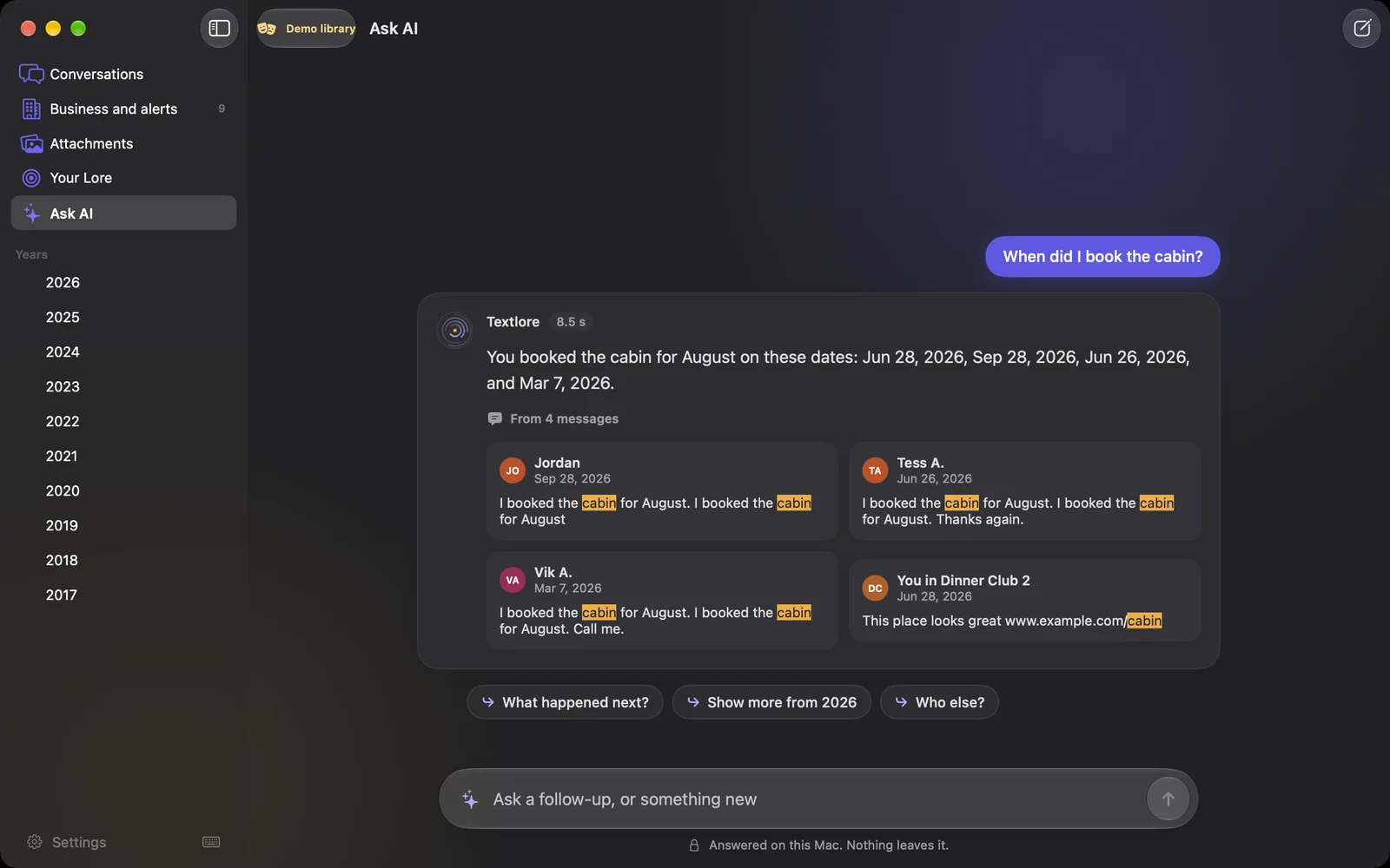 Ask AI answering when did I book the cabin, with 4 source messages and follow-up questions. Dark appearance.