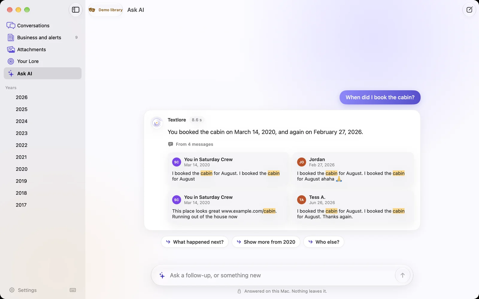 Ask AI answering when did I book the cabin, with 4 source messages and follow-up questions.