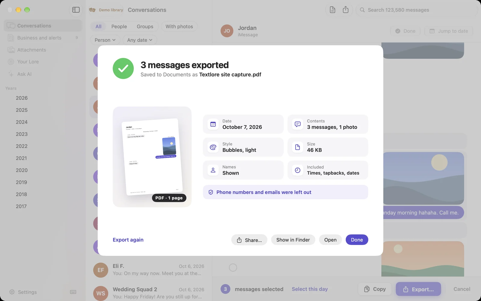 Export finished: 3 messages exported, saved as a PDF, with phone numbers and emails left out.