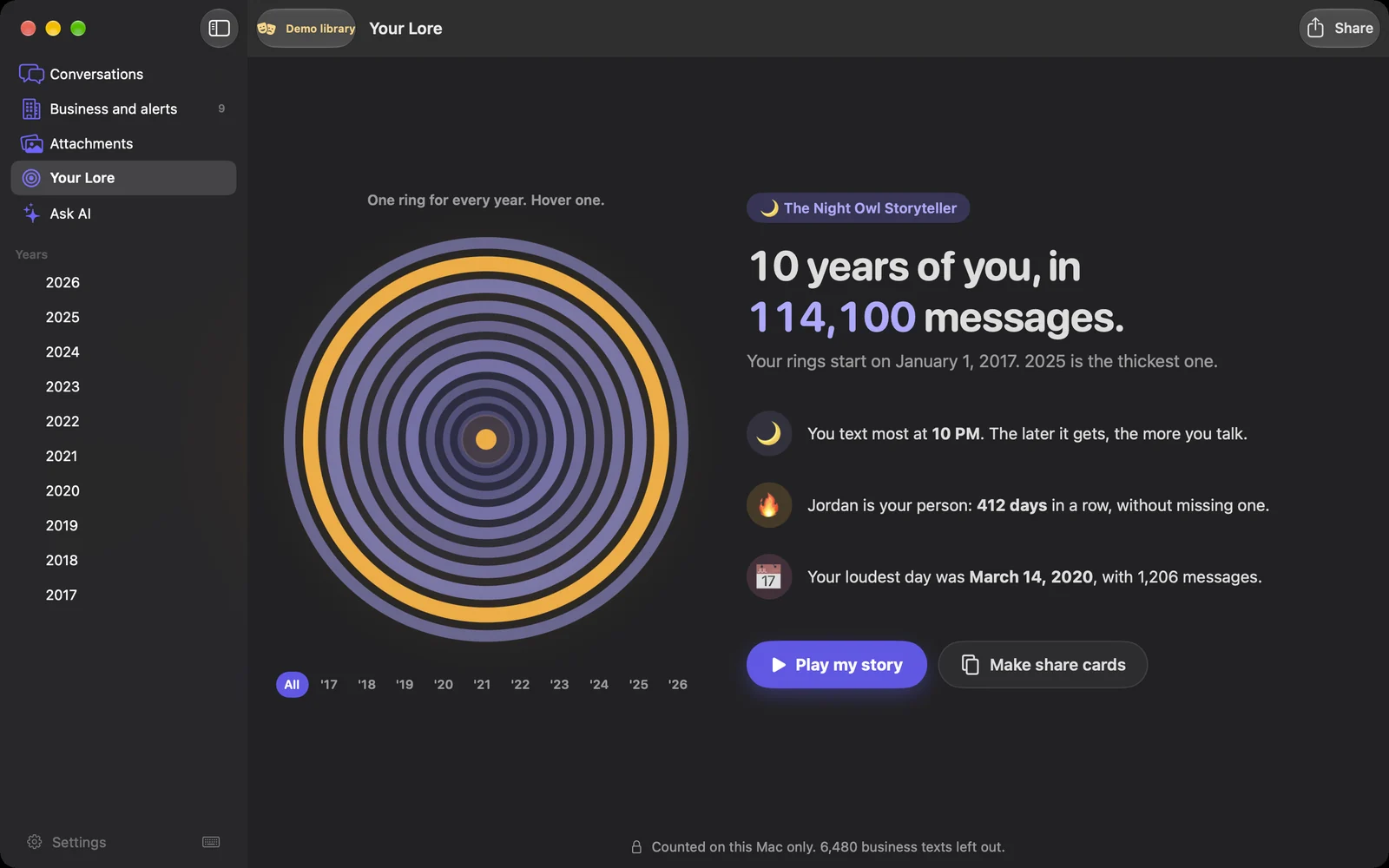 Your Lore in Textlore: tree rings for 10 years of messages with the busiest year in amber, 114,100 messages, and 3 moments.