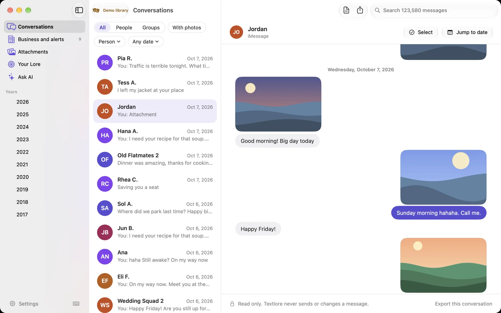 The Textlore window: the sidebar, a list of conversations, and a conversation with Jordan open, with photos and messages.