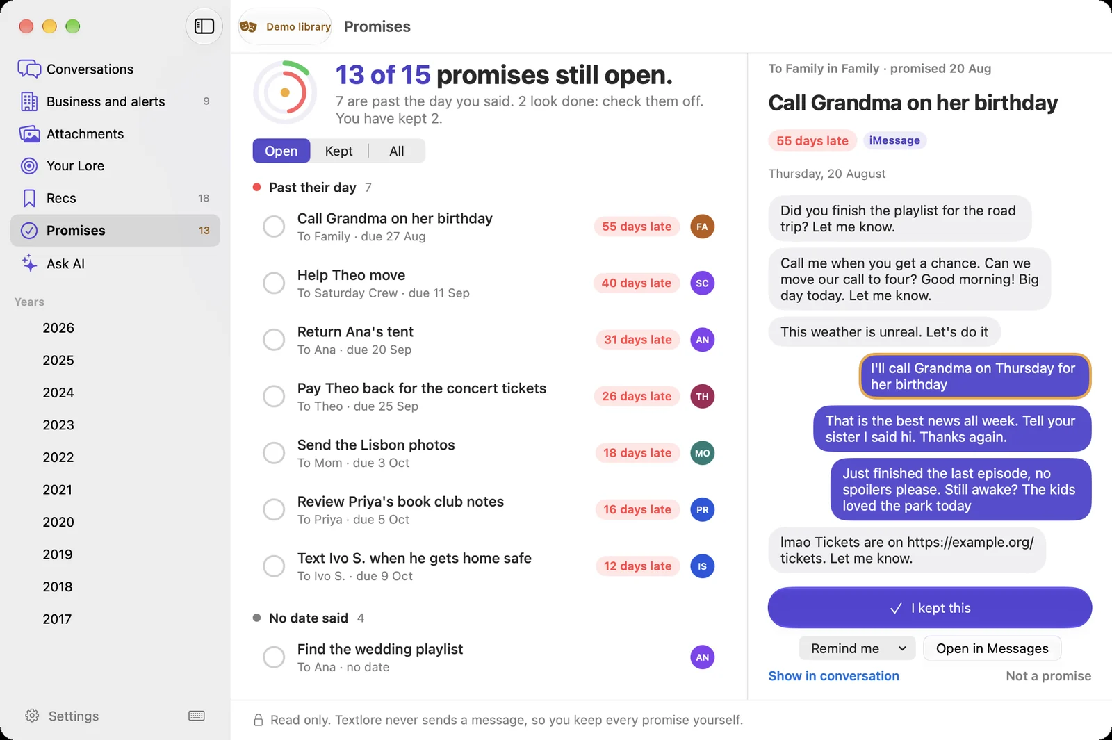 Promises in Textlore: 13 of 15 promises still open, 7 past their day. Call Grandma on her birthday is 55 days late, with the message where you said it and buttons for I kept this, Remind me and Open in Messages.