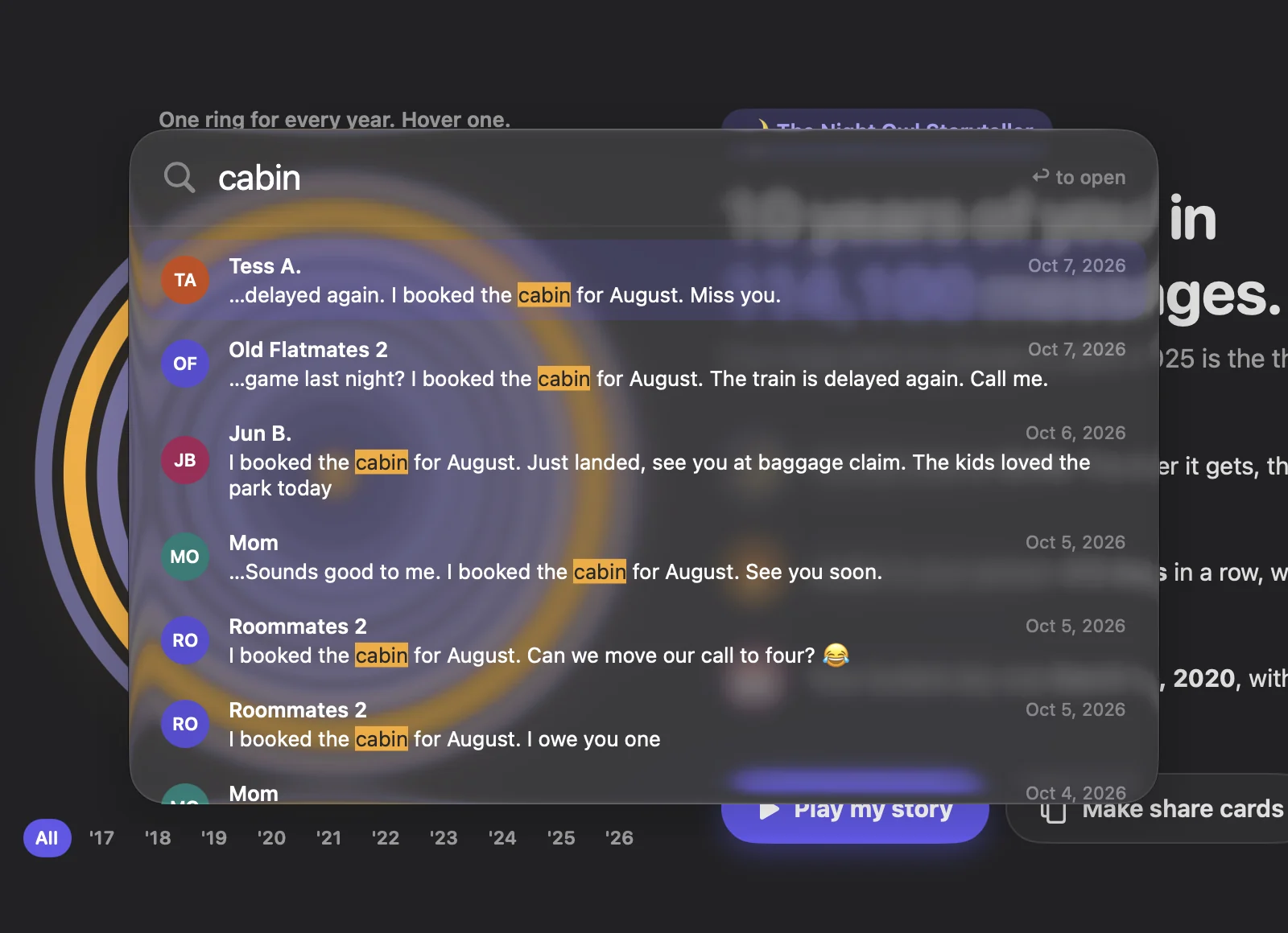 Quick search floating over Your Lore, with results for cabin. Dark appearance.