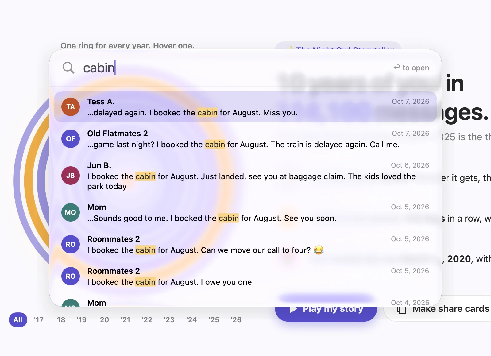 Quick search floating over Your Lore, with results for cabin.