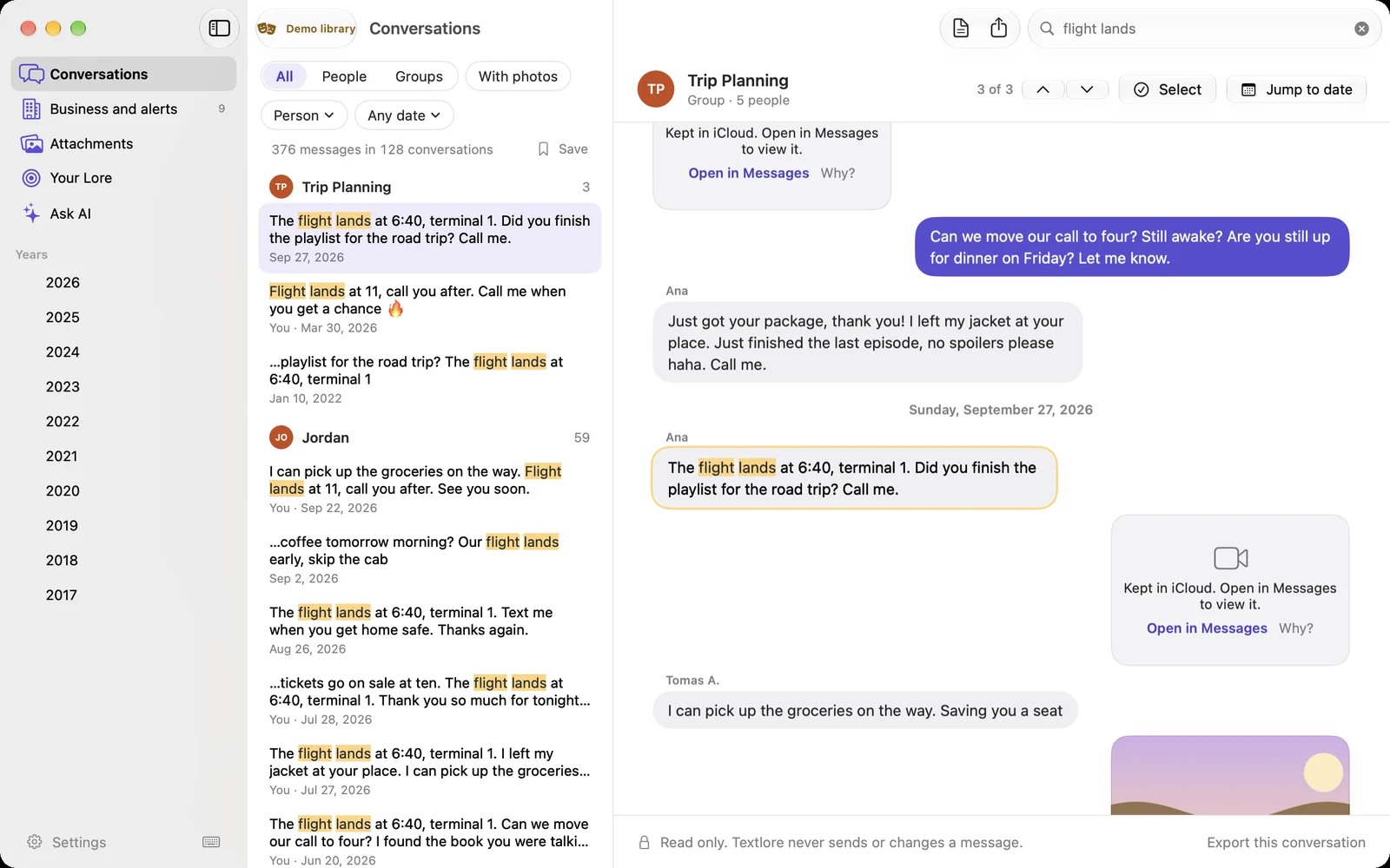 Search for flight lands, with the match lit up in amber in its conversation.